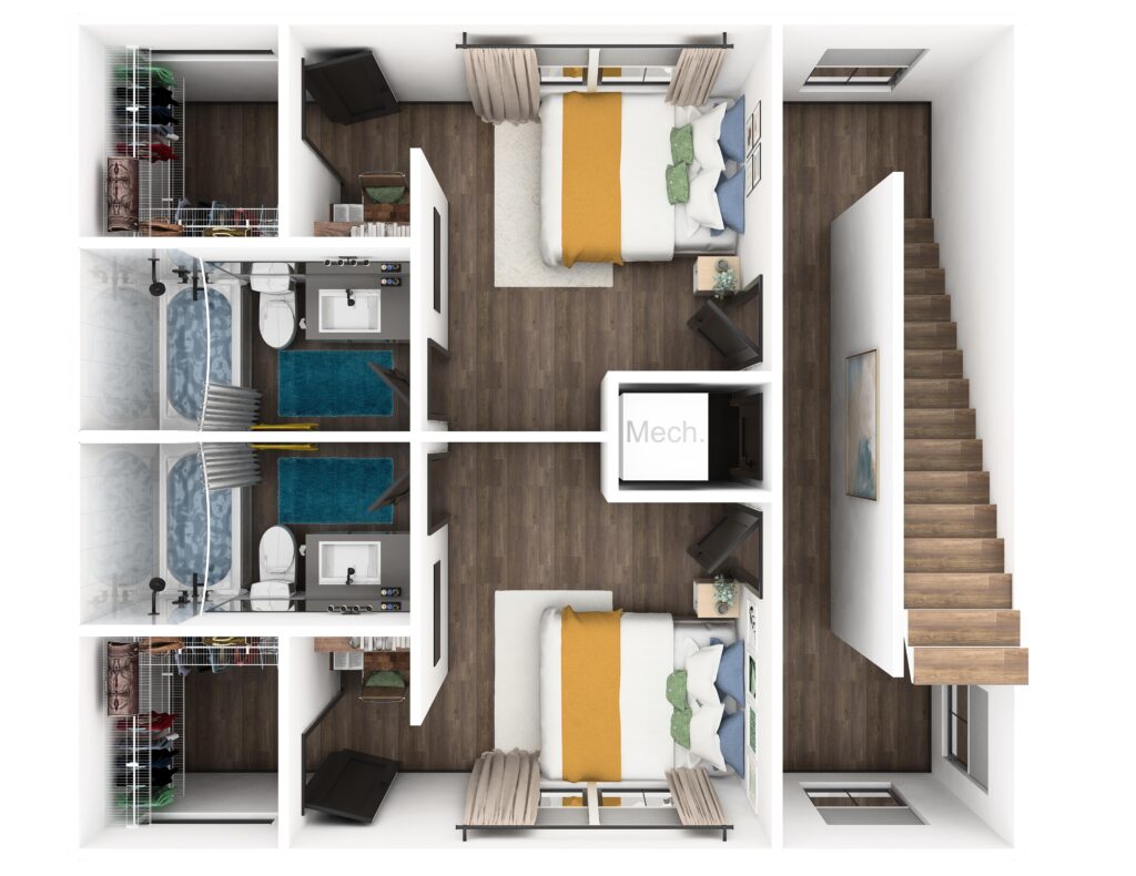 3D apartment layout showing a furnished two-bedroom unit with organized living spaces.