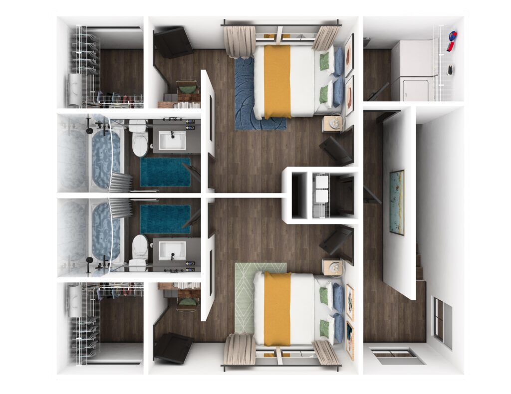 3D apartment layout showing a furnished two-bedroom unit with organized living spaces.
