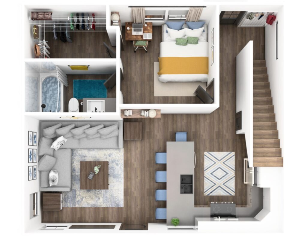 Top-down view of a stylish apartment floor plan with modern furniture and design layout.